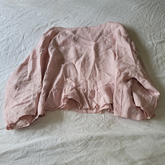 Saga Linen Cropped Tunic Blouse Womens One Size Soft Pink Lagenlook Ruffle Hem - Picture 8 of 8